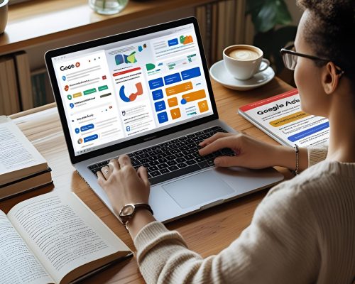 Person studying digital marketing on a laptop in a cozy home setup with books, coffee, and multiple tabs open for SEO, Google Ads, and online courses – warm, casual vibe